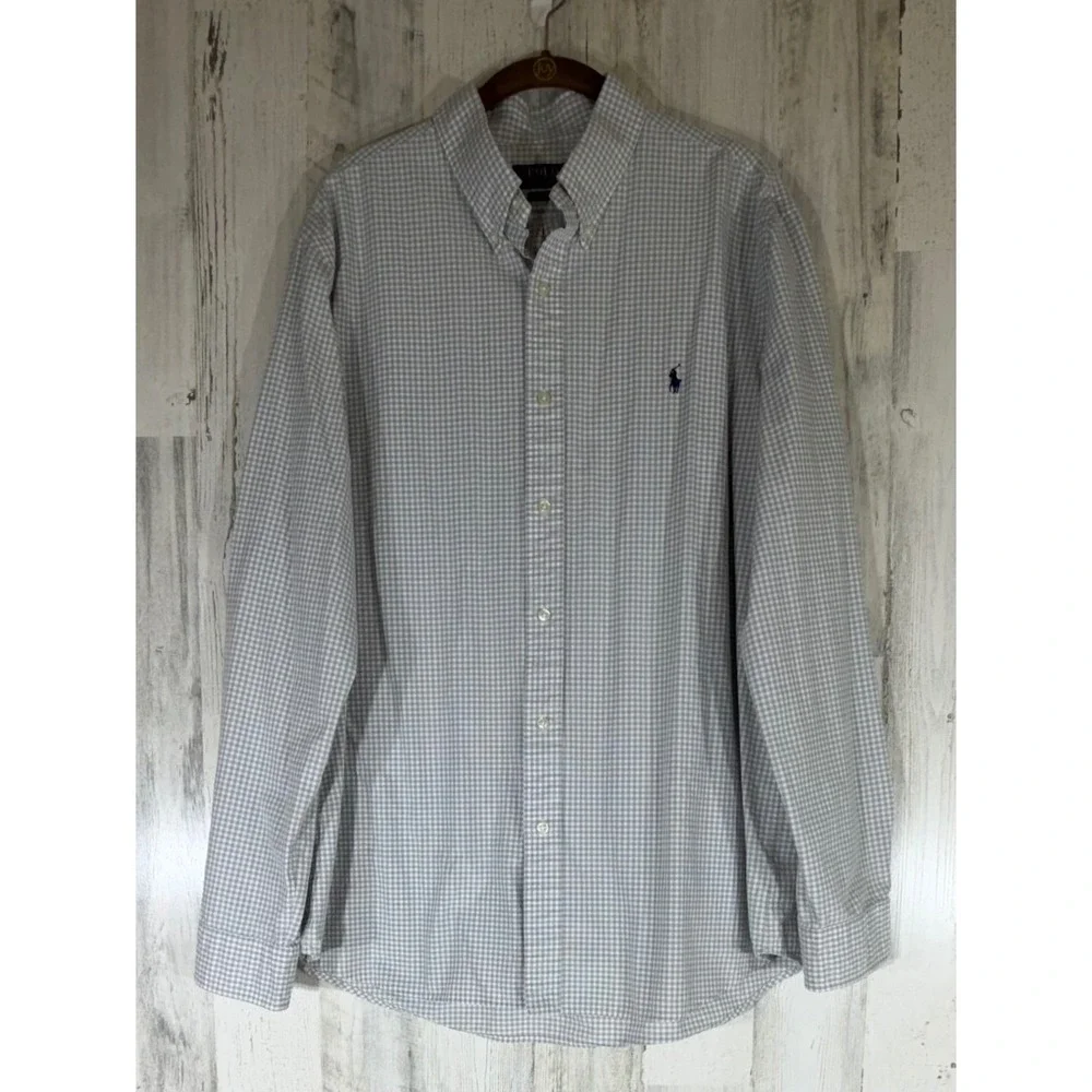 Polo Ralph Lauren Button Down Size XL Grey Gingham Classic Fit Cotton Blend READ